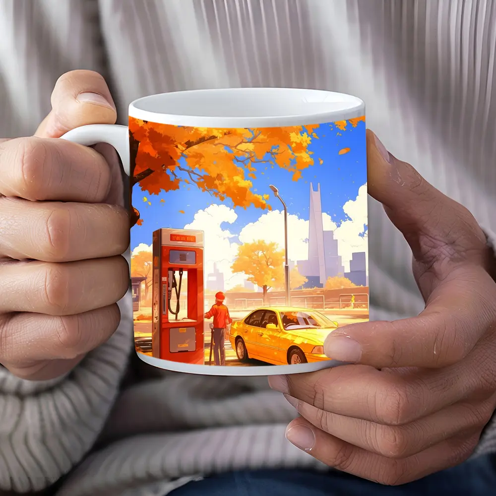 Anime Boy Yellow BMW Autumn City Street – Mugs