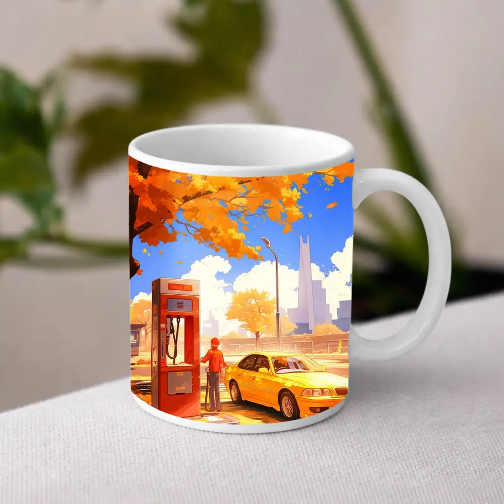 Anime Boy Yellow BMW Autumn City Street – Mugs