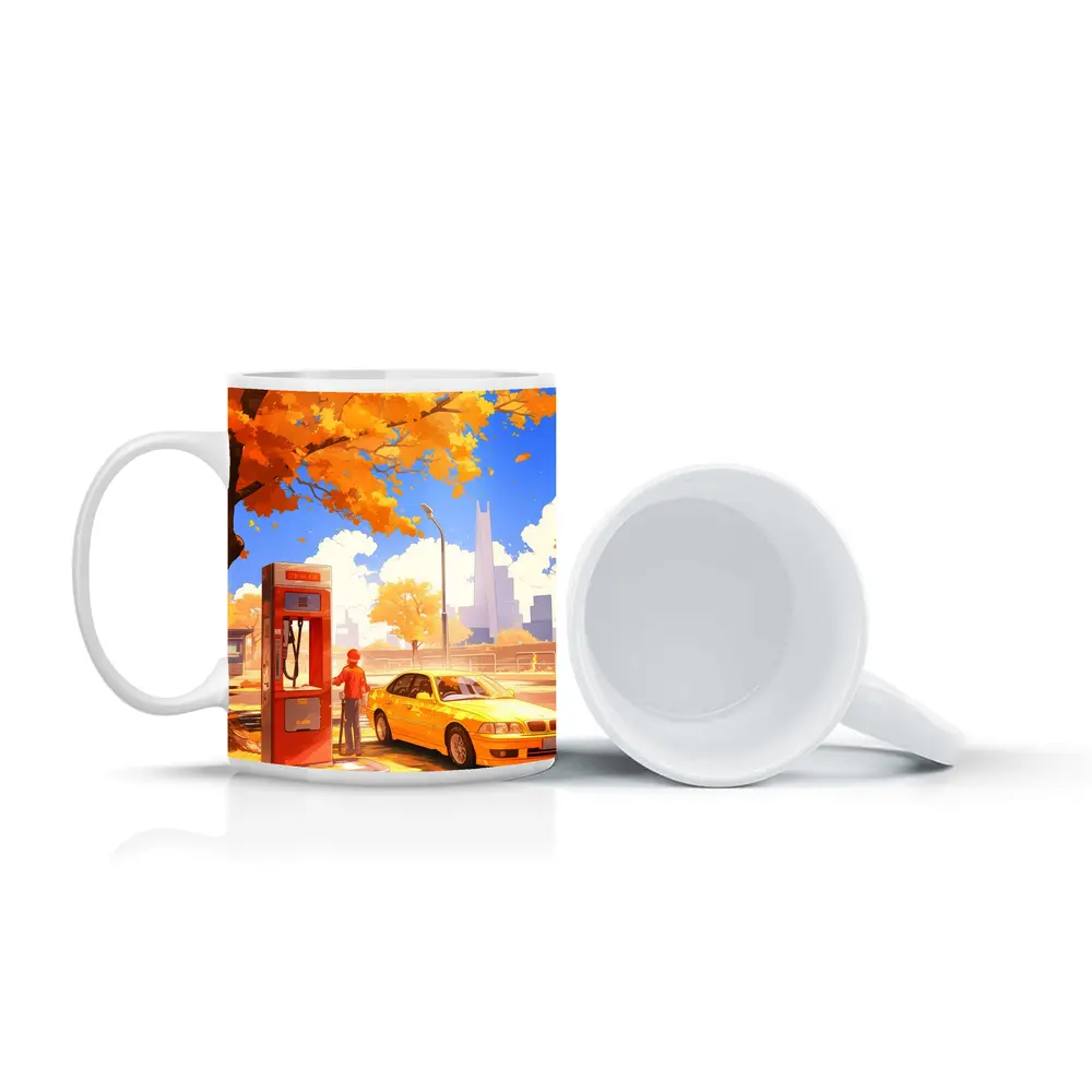 Anime Boy Yellow BMW Autumn City Street – Mugs
