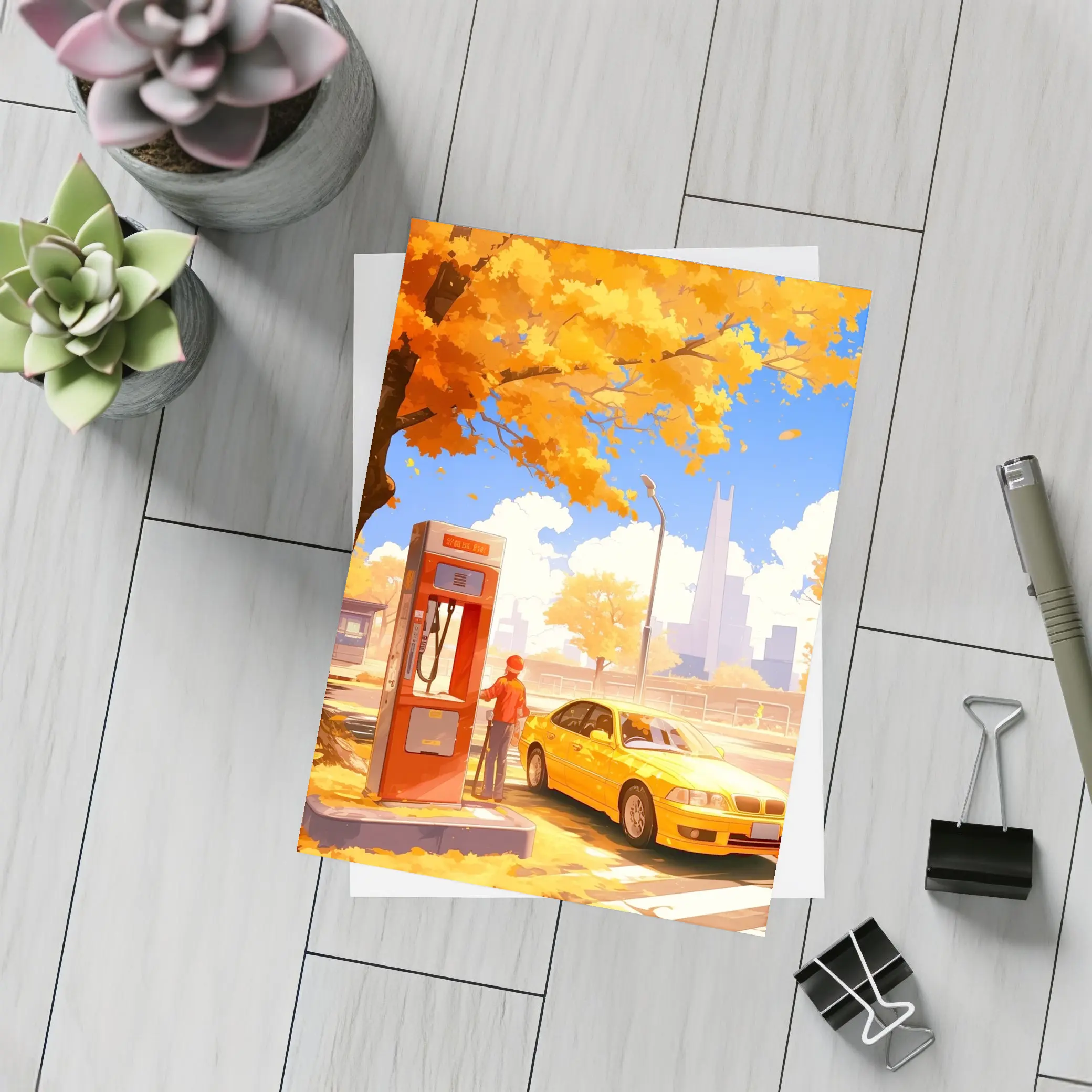 Anime Boy Yellow BMW Autumn City Street – Postcards