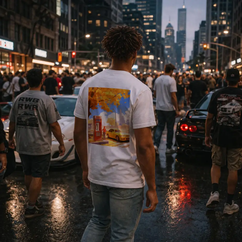 Anime Boy Yellow BMW Autumn City Street – T-Shirts