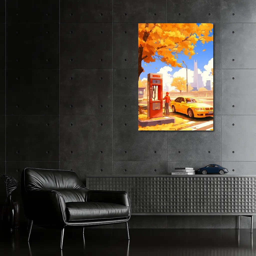 Anime Boy Yellow BMW Autumn City Street – Wall Art