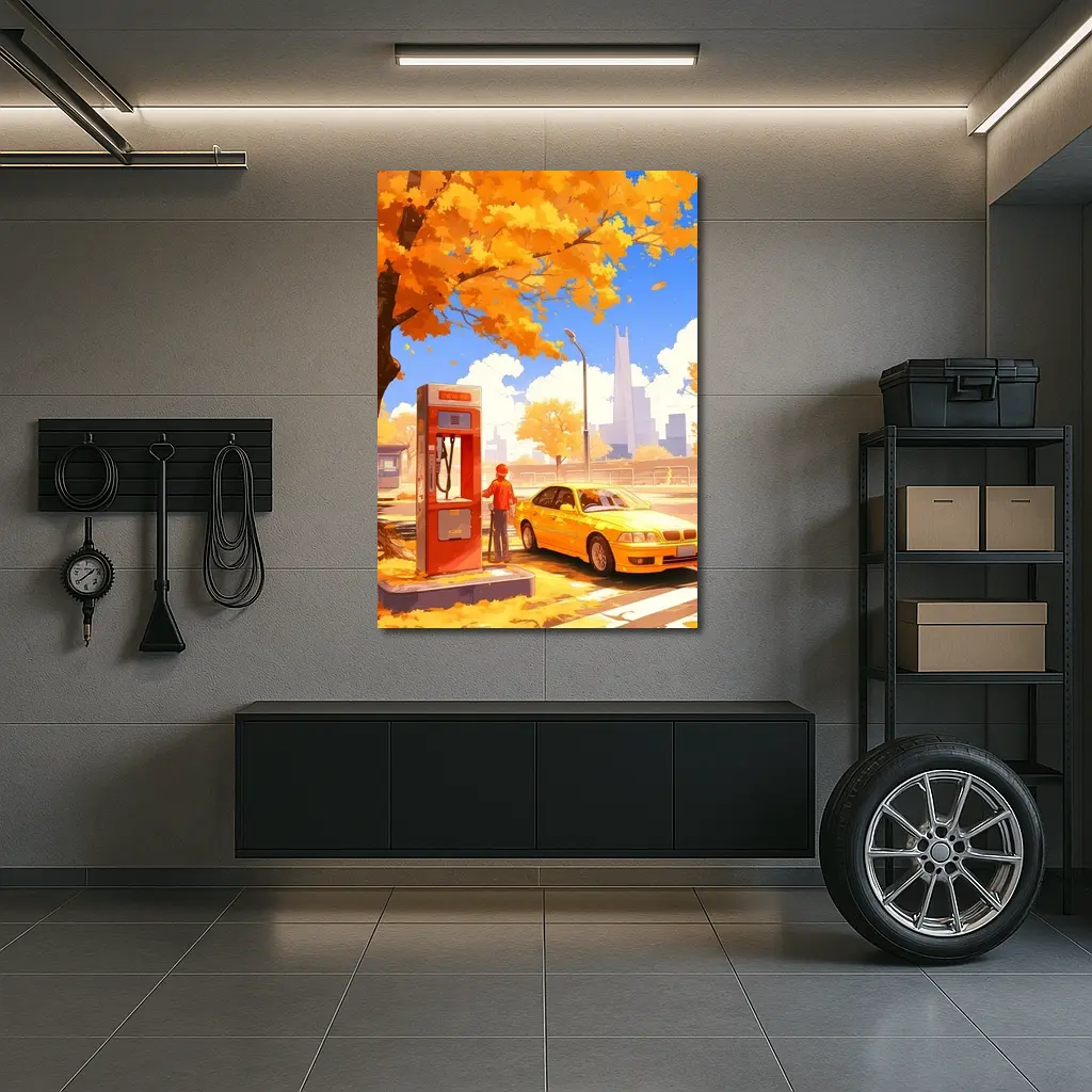 Anime Boy Yellow BMW Autumn City Street – Wall Art