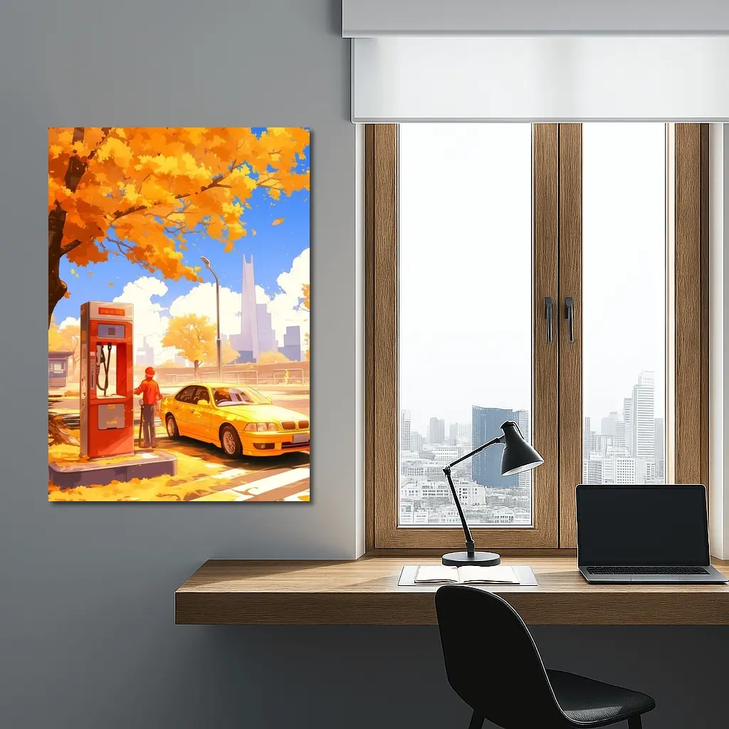 Anime Boy Yellow BMW Autumn City Street – Wall Art