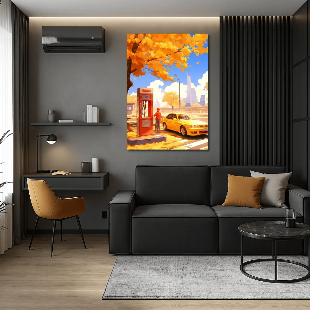 Anime Boy Yellow BMW Autumn City Street – Wall Art