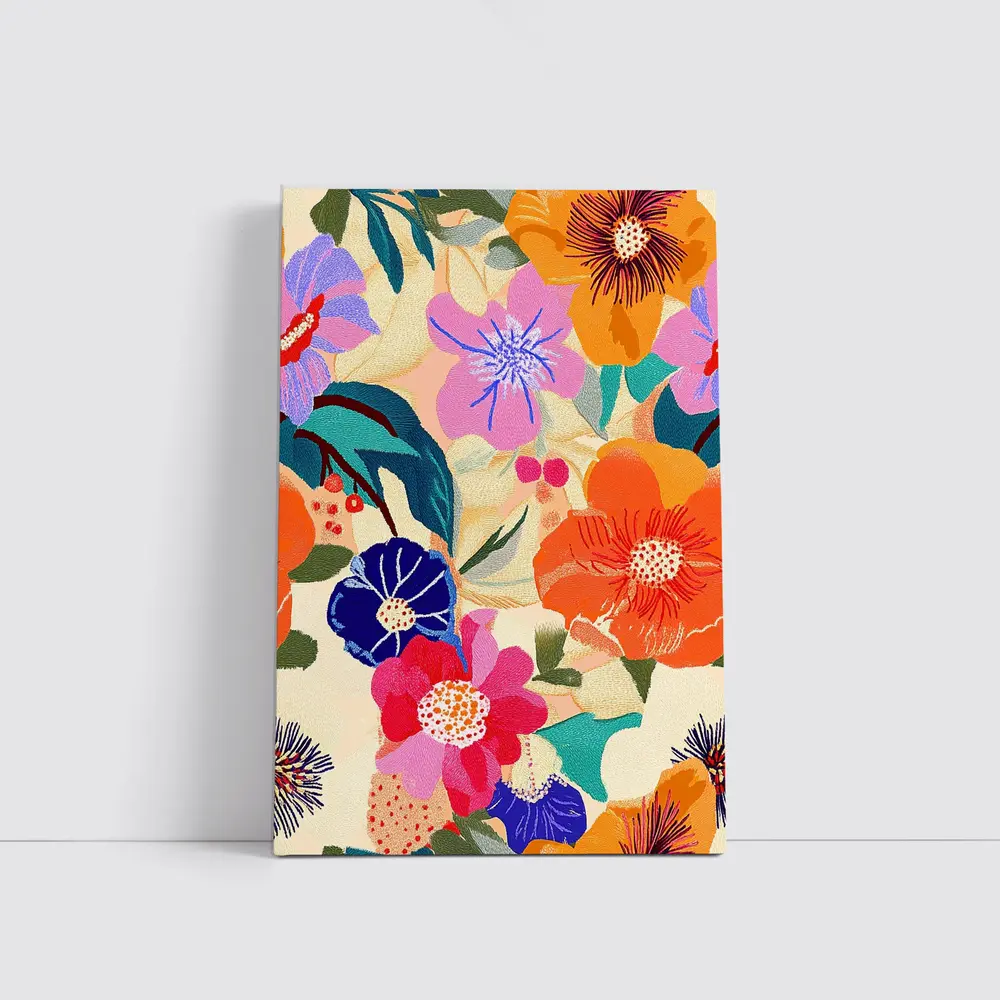 Bold Tropical Floral Pattern Illustration Beige – Wall Art