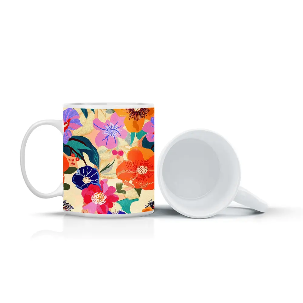 Bold Tropical Floral Pattern Illustration Beige – Mugs