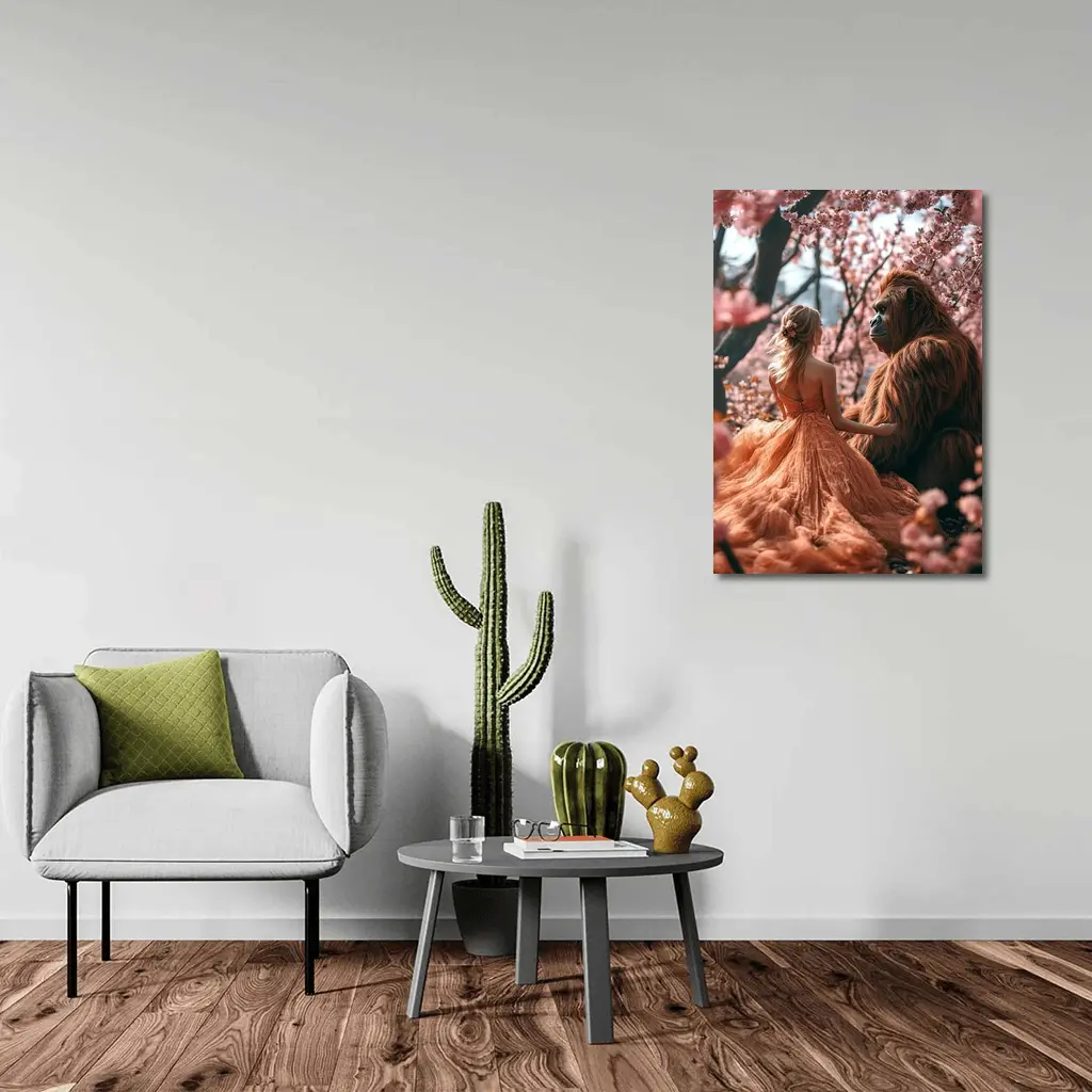 Woman and Gorilla Among Cherry Blossoms – Wall Art