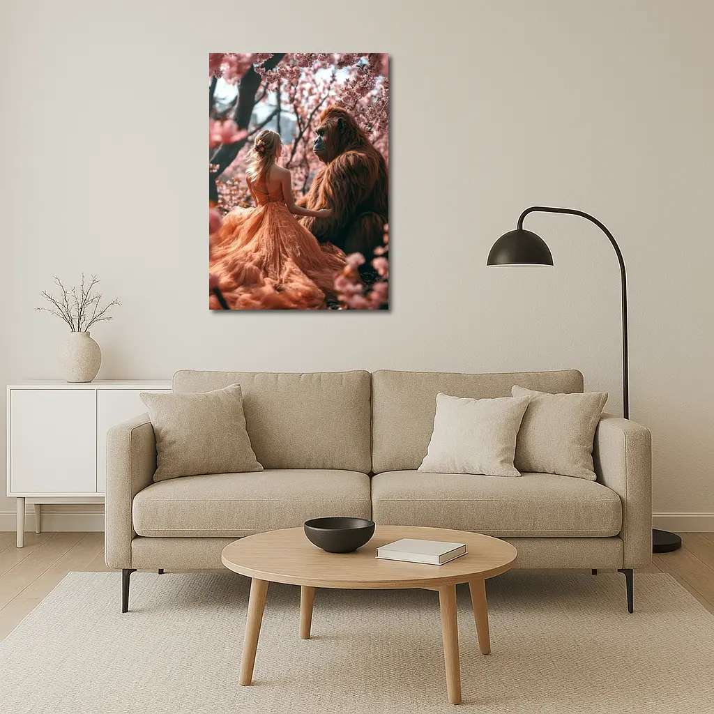 Woman and Gorilla Among Cherry Blossoms – Wall Art
