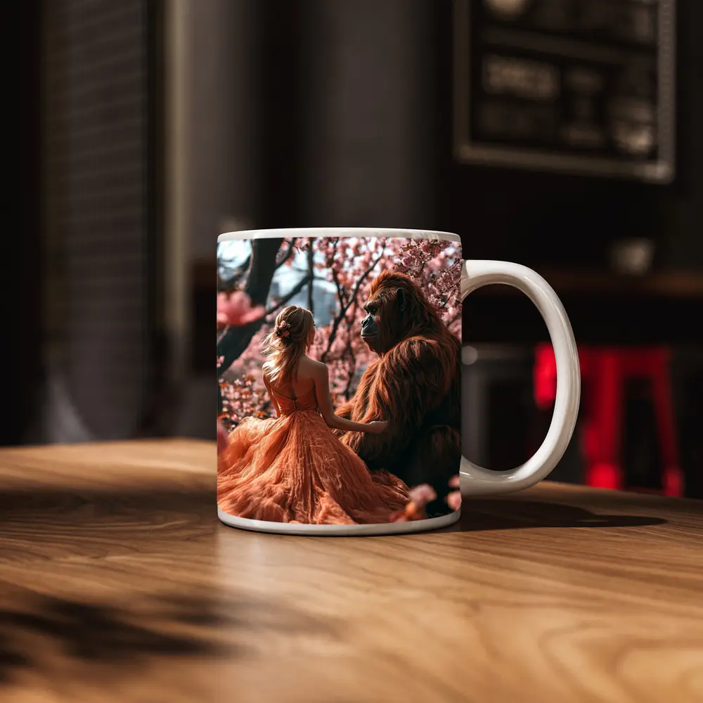 Woman and Gorilla Among Cherry Blossoms – Mugs