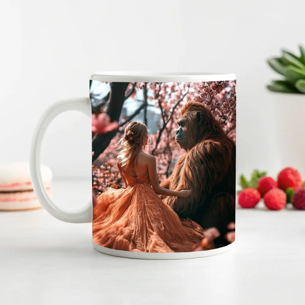 Woman and Gorilla Among Cherry Blossoms – Mugs