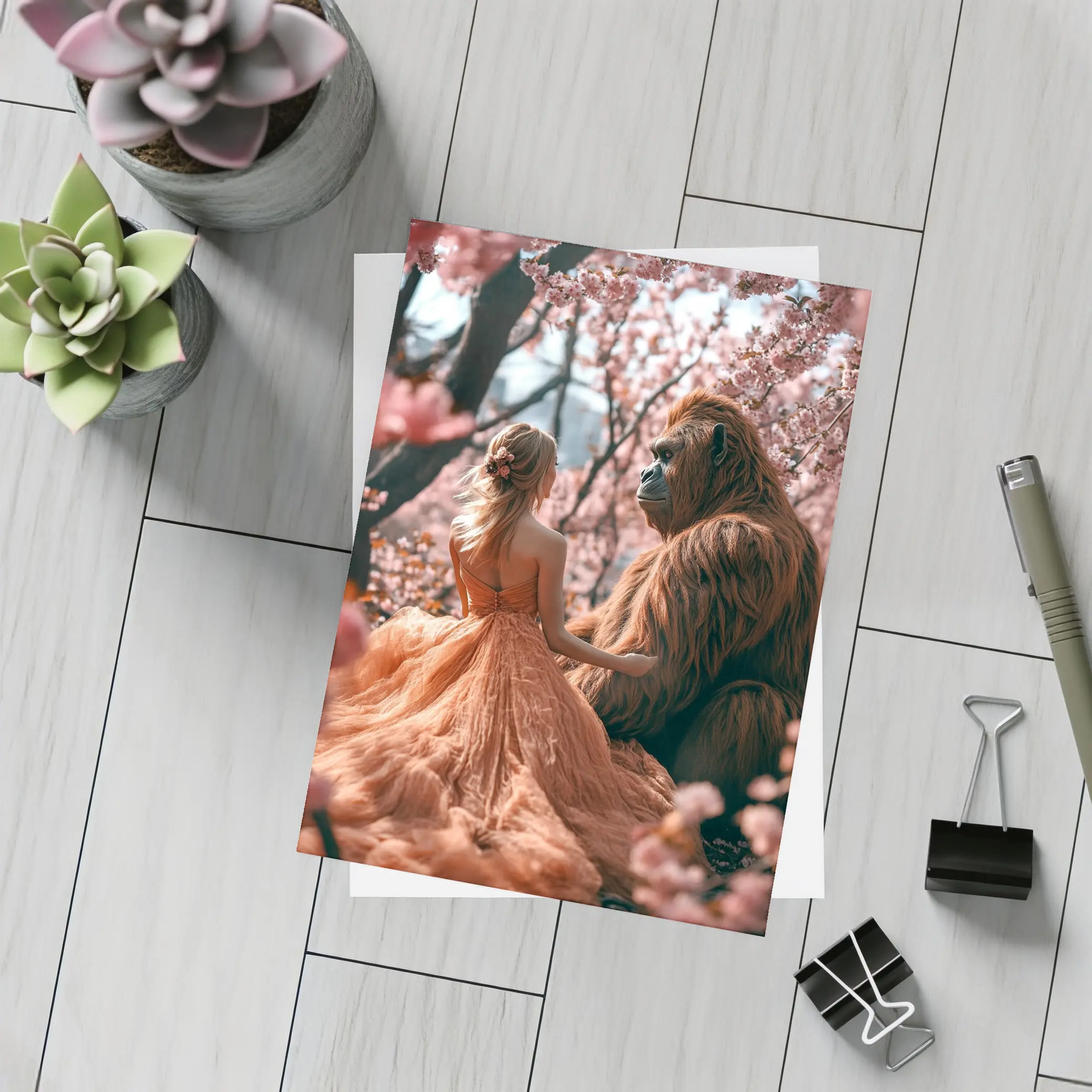 Woman and Gorilla Among Cherry Blossoms – Postcards