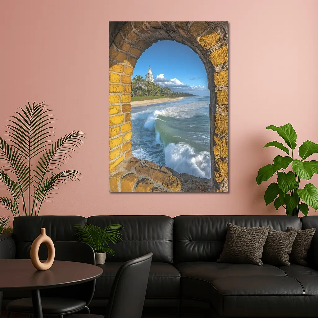 Ocean Waves Through Stone Arch Coastal – Wall Art