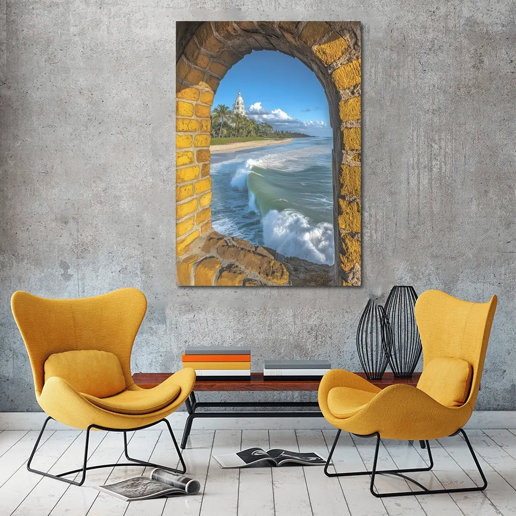 Ocean Waves Through Stone Arch Coastal – Wall Art