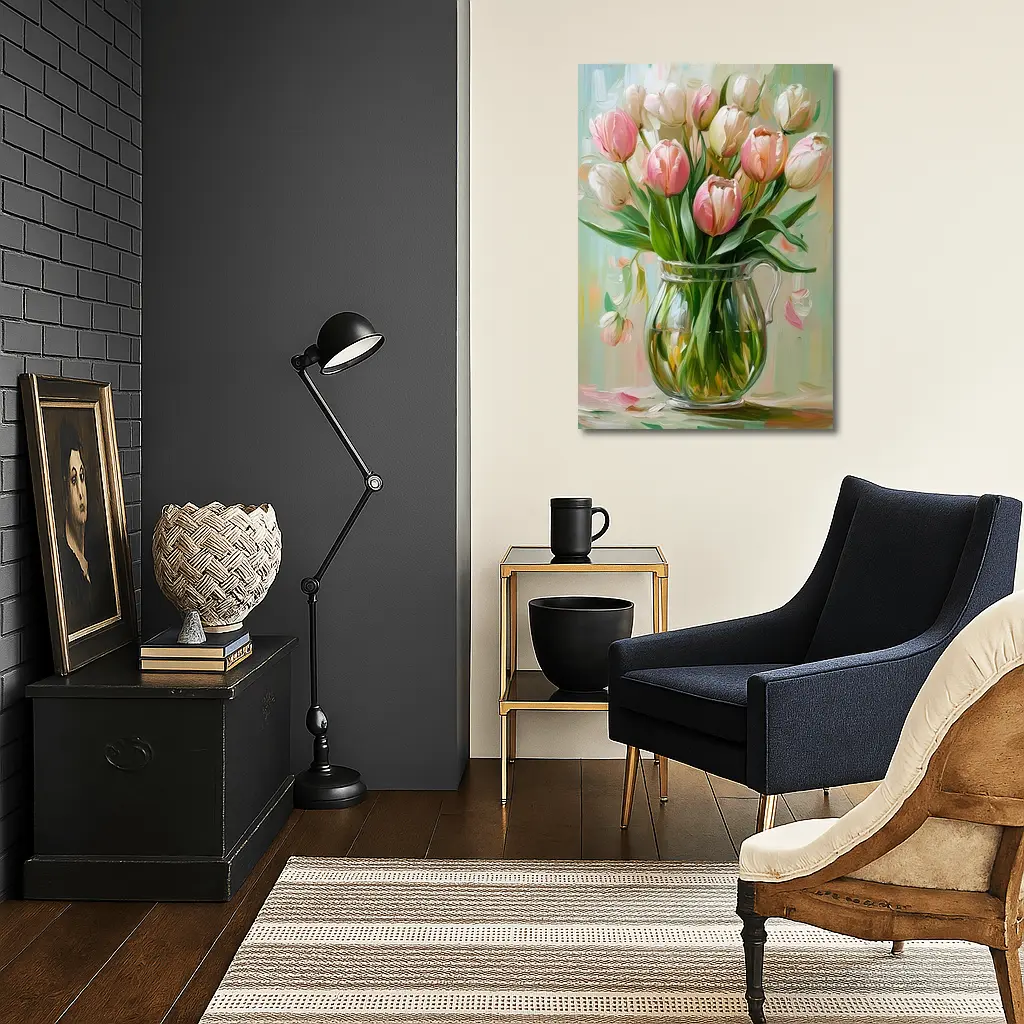 Pink Tulips Glass Vase Oil Painting – Wall Art