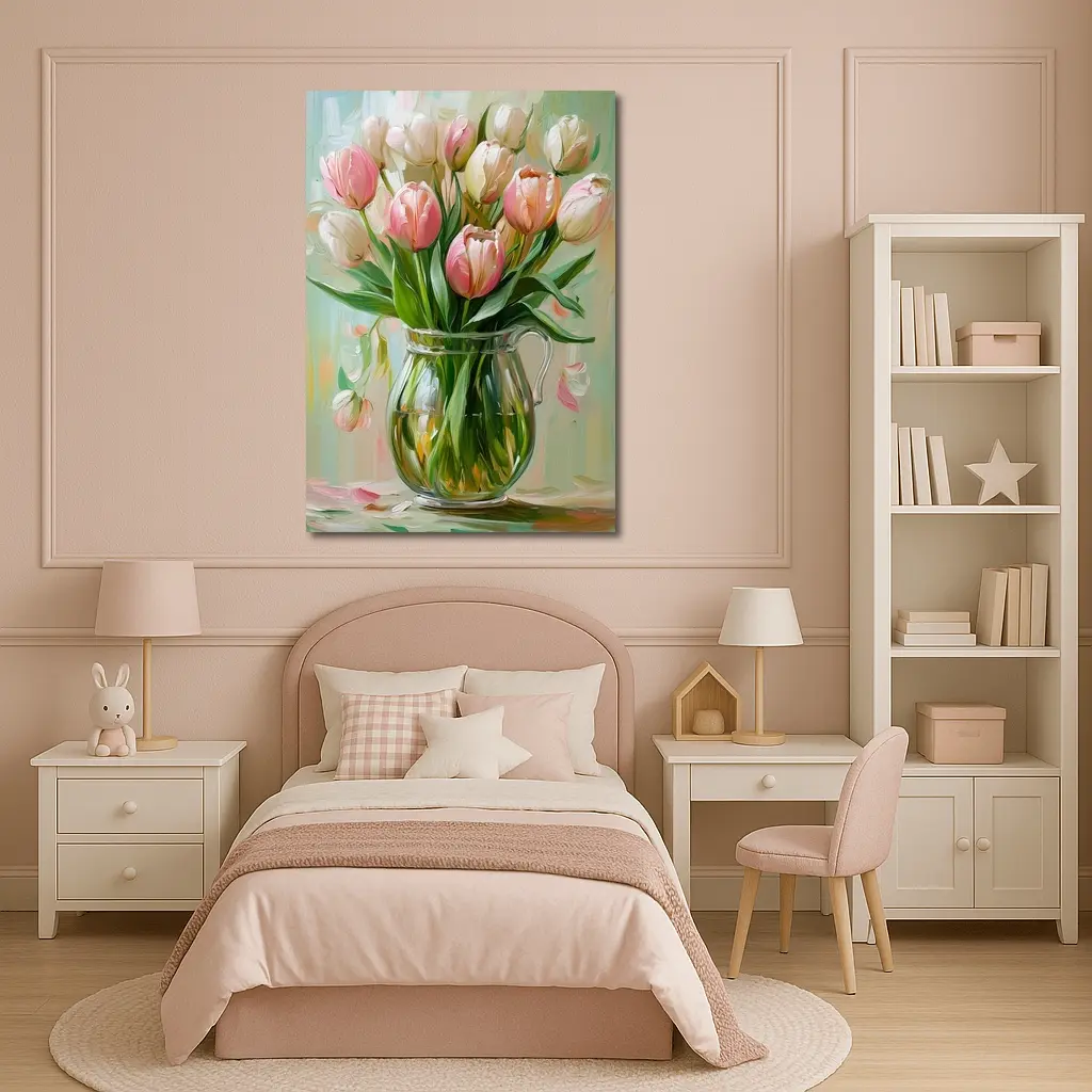 Pink Tulips Glass Vase Oil Painting – Wall Art