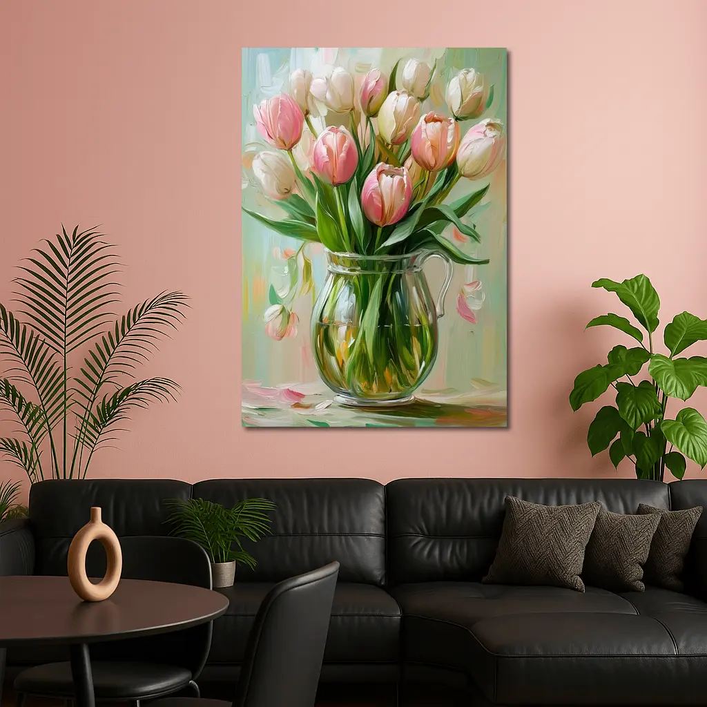 Pink Tulips Glass Vase Oil Painting – Wall Art