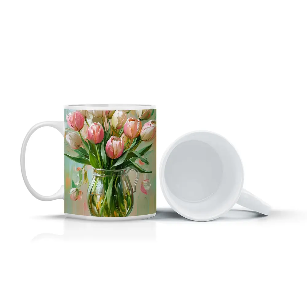 Pink Tulips Glass Vase Oil Painting – Mugs