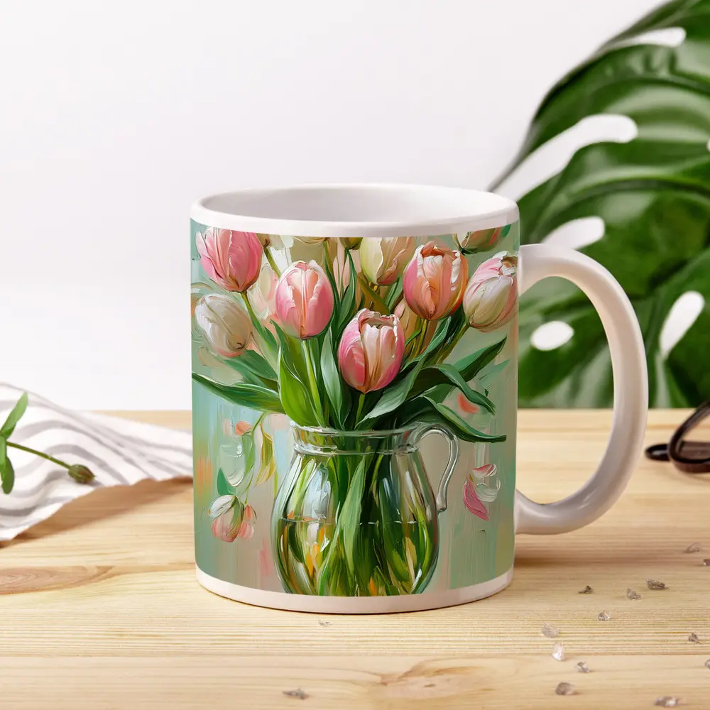 Pink Tulips Glass Vase Oil Painting – Mugs