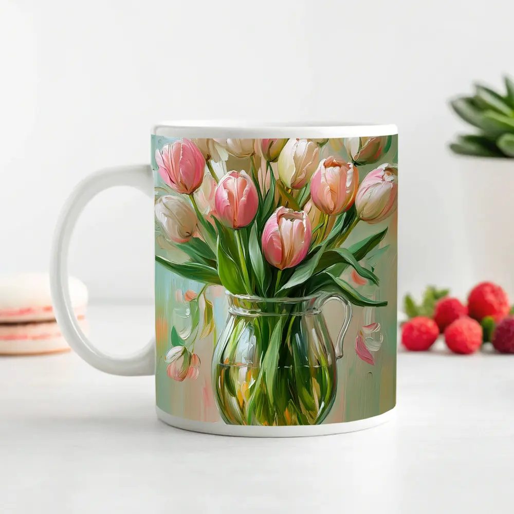 Pink Tulips Glass Vase Oil Painting – Mugs