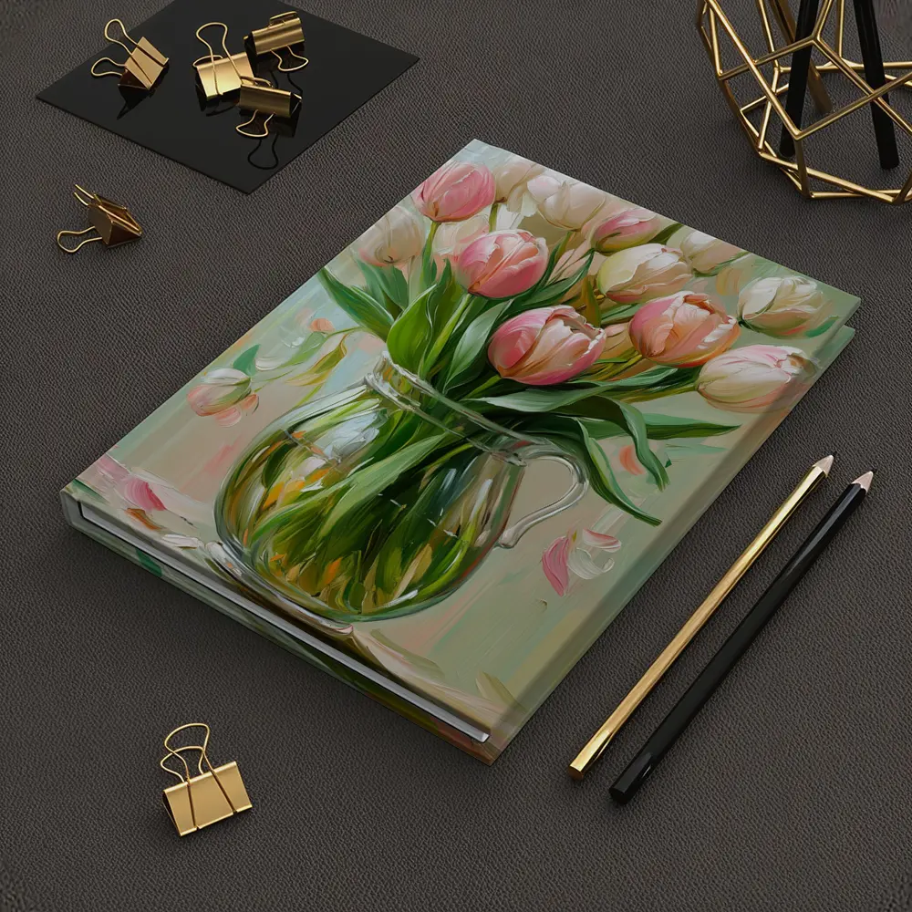 Pink Tulips Glass Vase Oil Painting – Notebooks