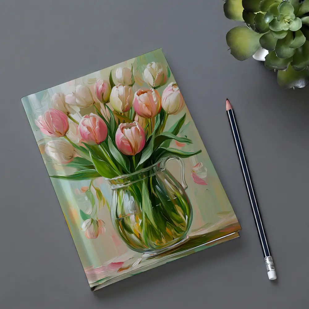 Pink Tulips Glass Vase Oil Painting – Notebooks