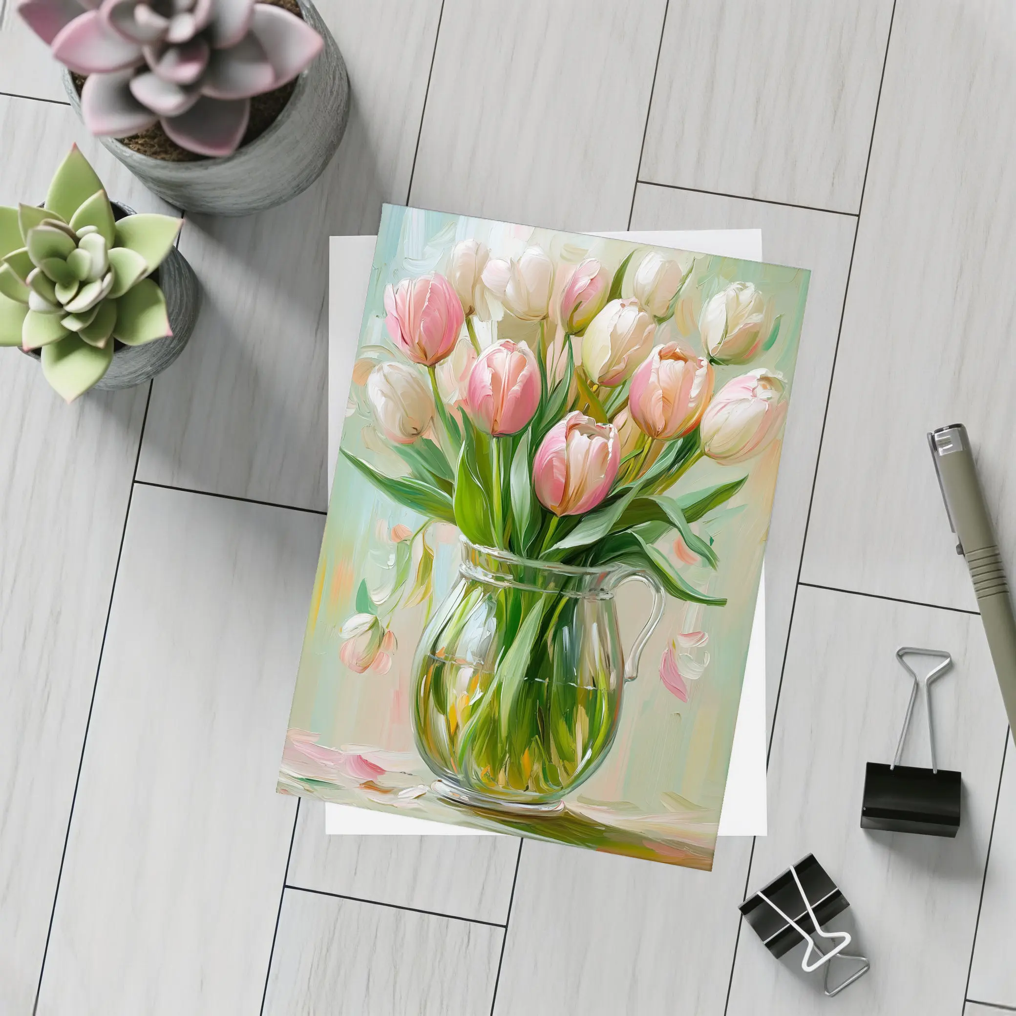 Pink Tulips Glass Vase Oil Painting – Postcards
