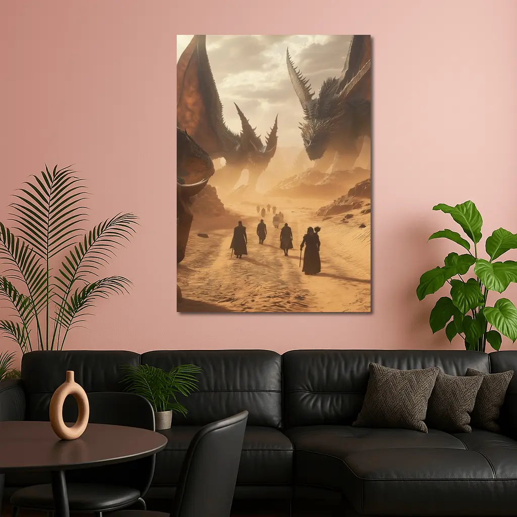 Dragons Looming Over Desert Travelers Fantasy – Wall Art