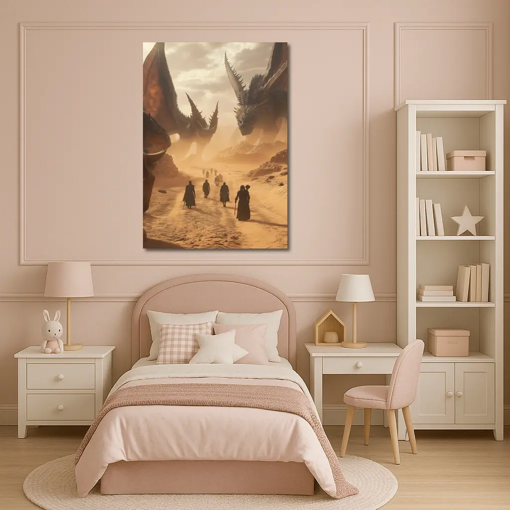Dragons Looming Over Desert Travelers Fantasy – Wall Art