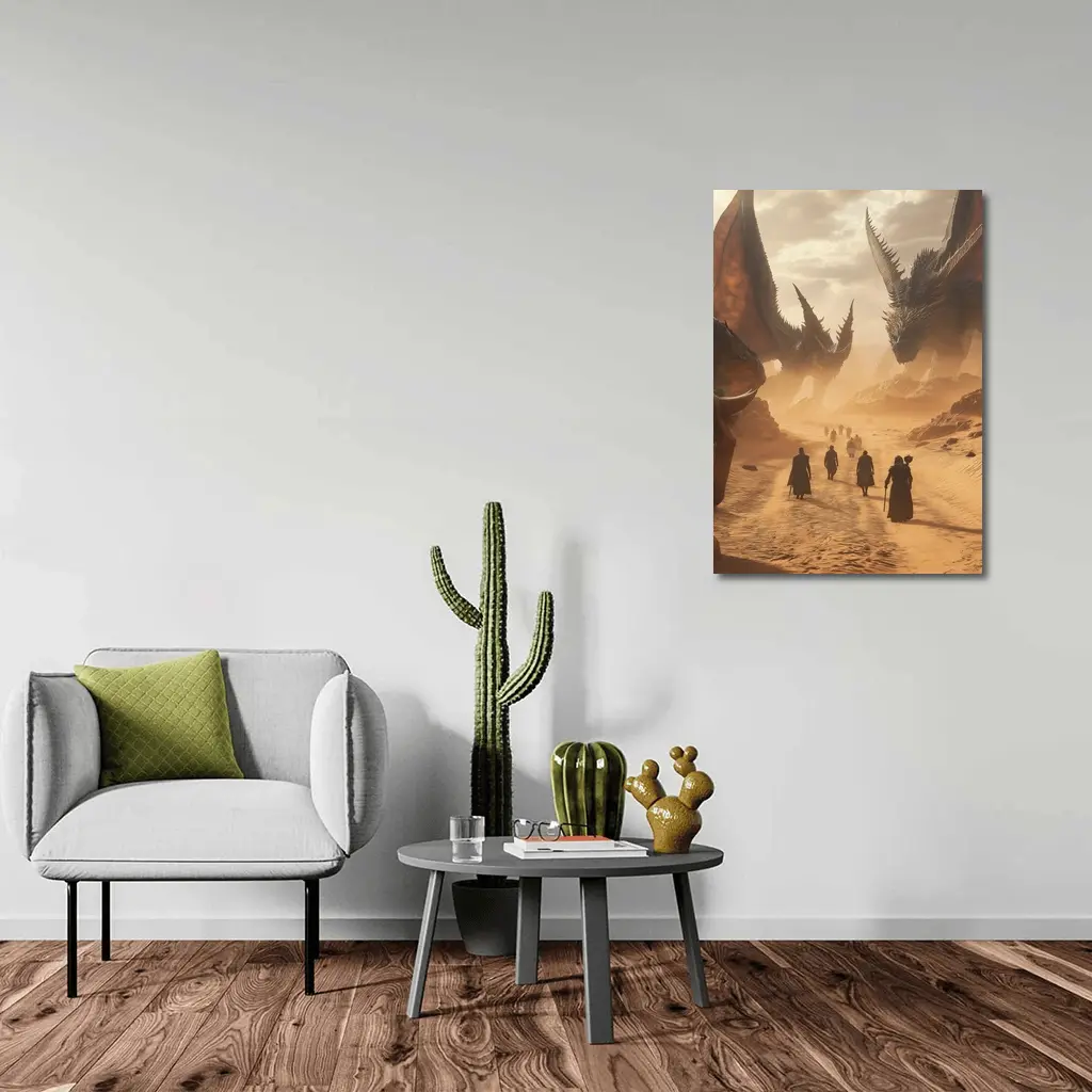Dragons Looming Over Desert Travelers Fantasy – Wall Art