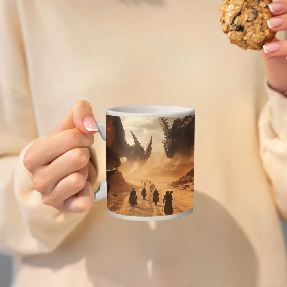 Dragons Looming Over Desert Travelers Fantasy – Mugs