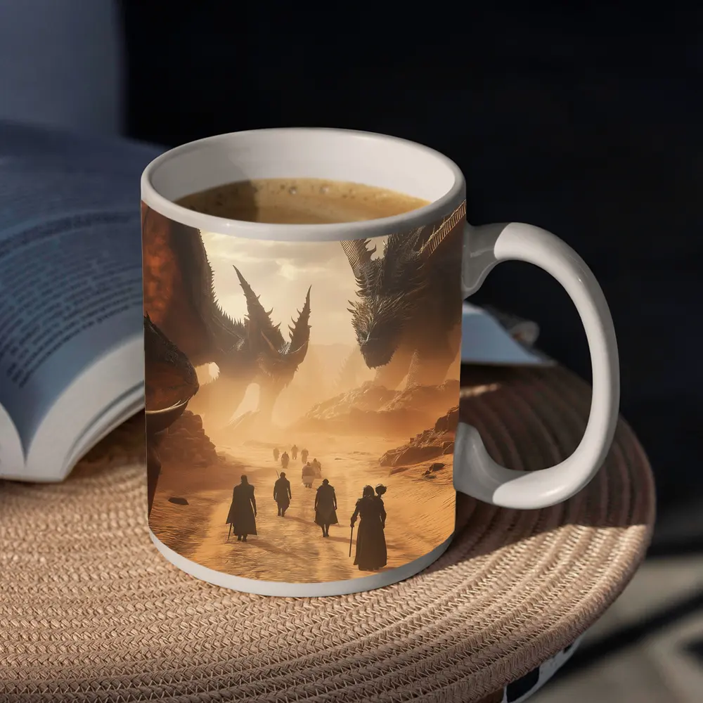 Dragons Looming Over Desert Travelers Fantasy – Mugs