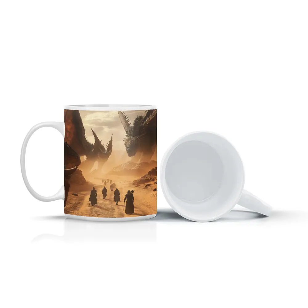 Dragons Looming Over Desert Travelers Fantasy – Mugs