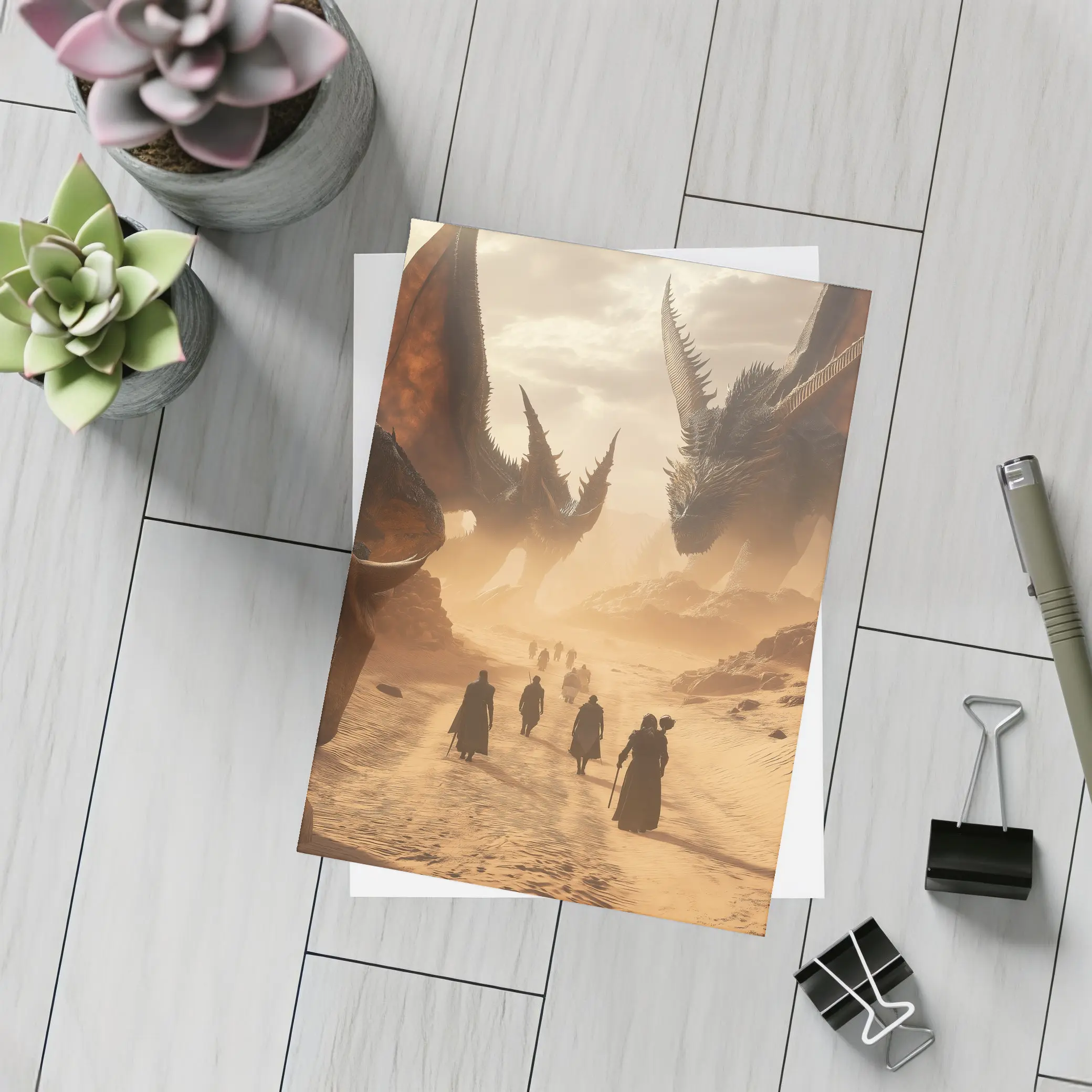 Dragons Looming Over Desert Travelers Fantasy – Postcards
