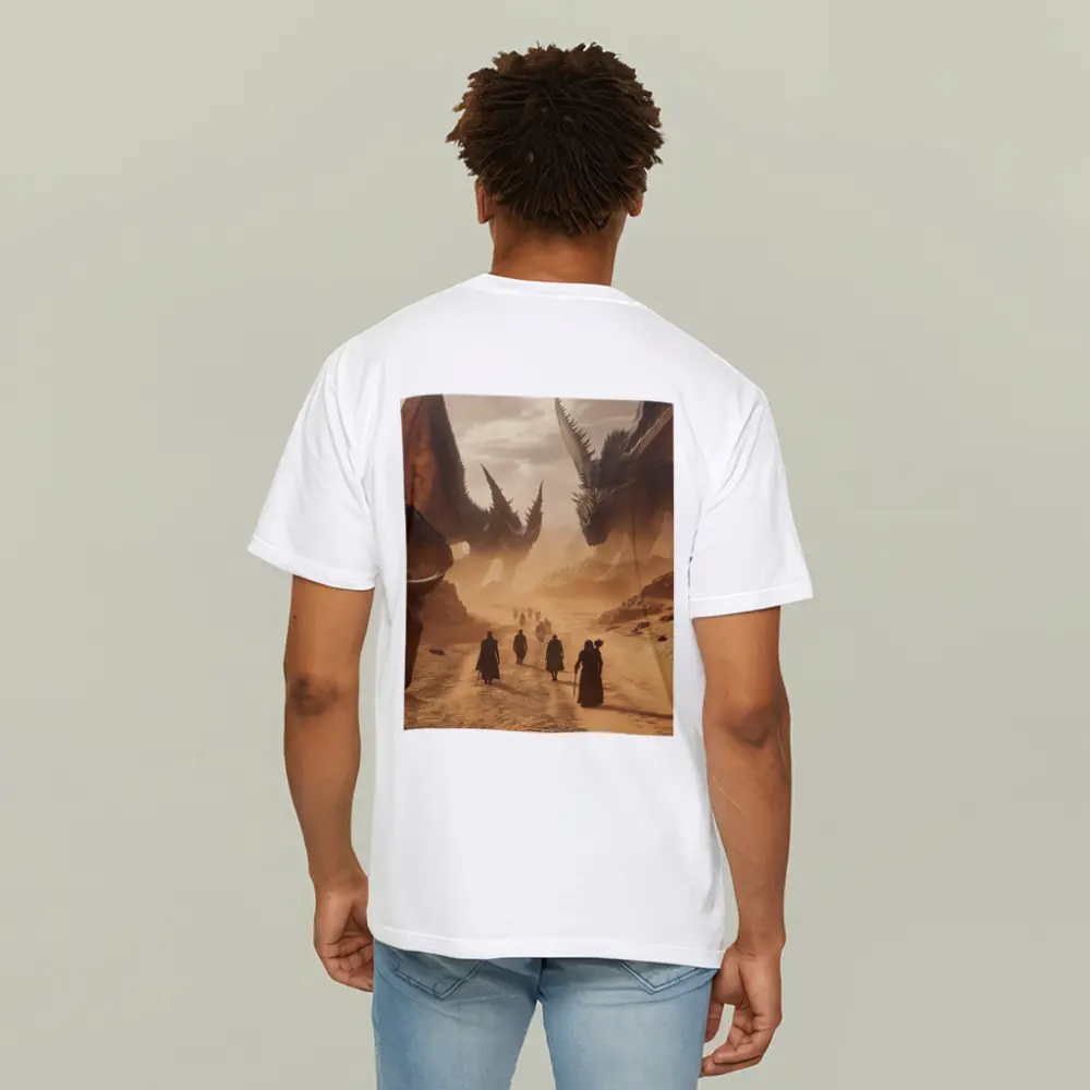 Dragons Looming Over Desert Travelers Fantasy – T-Shirts