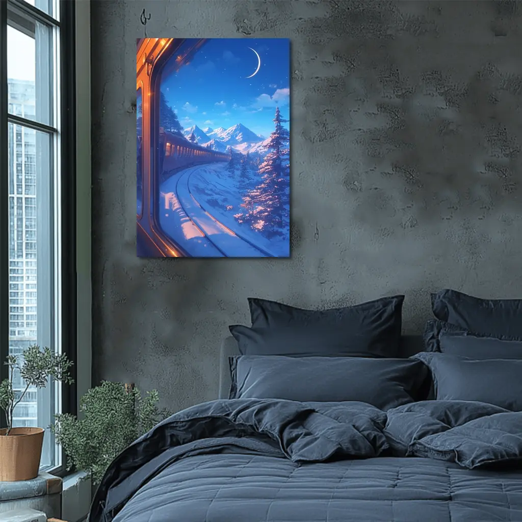 Anime Train Ride Snowy Mountain Night – Wall Art