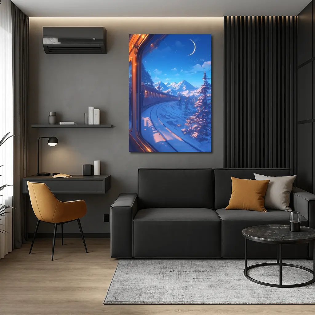 Anime Train Ride Snowy Mountain Night – Wall Art
