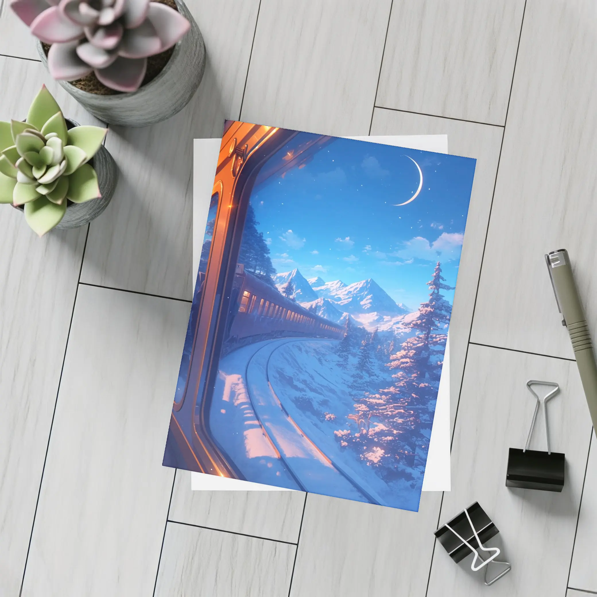 Anime Train Ride Snowy Mountain Night – Postcards