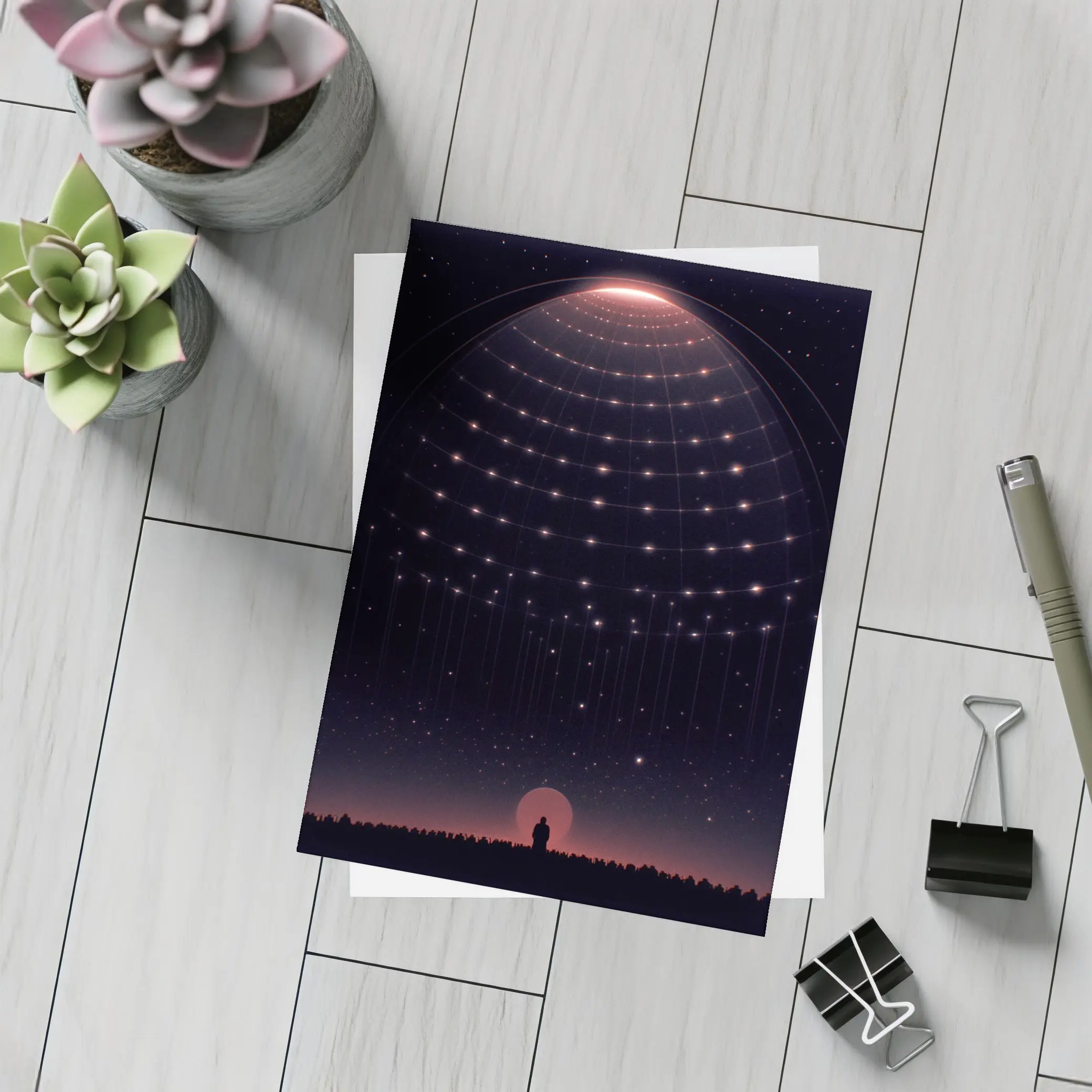 Lone Figure Under Glowing Cosmic Dome Night – Postcards