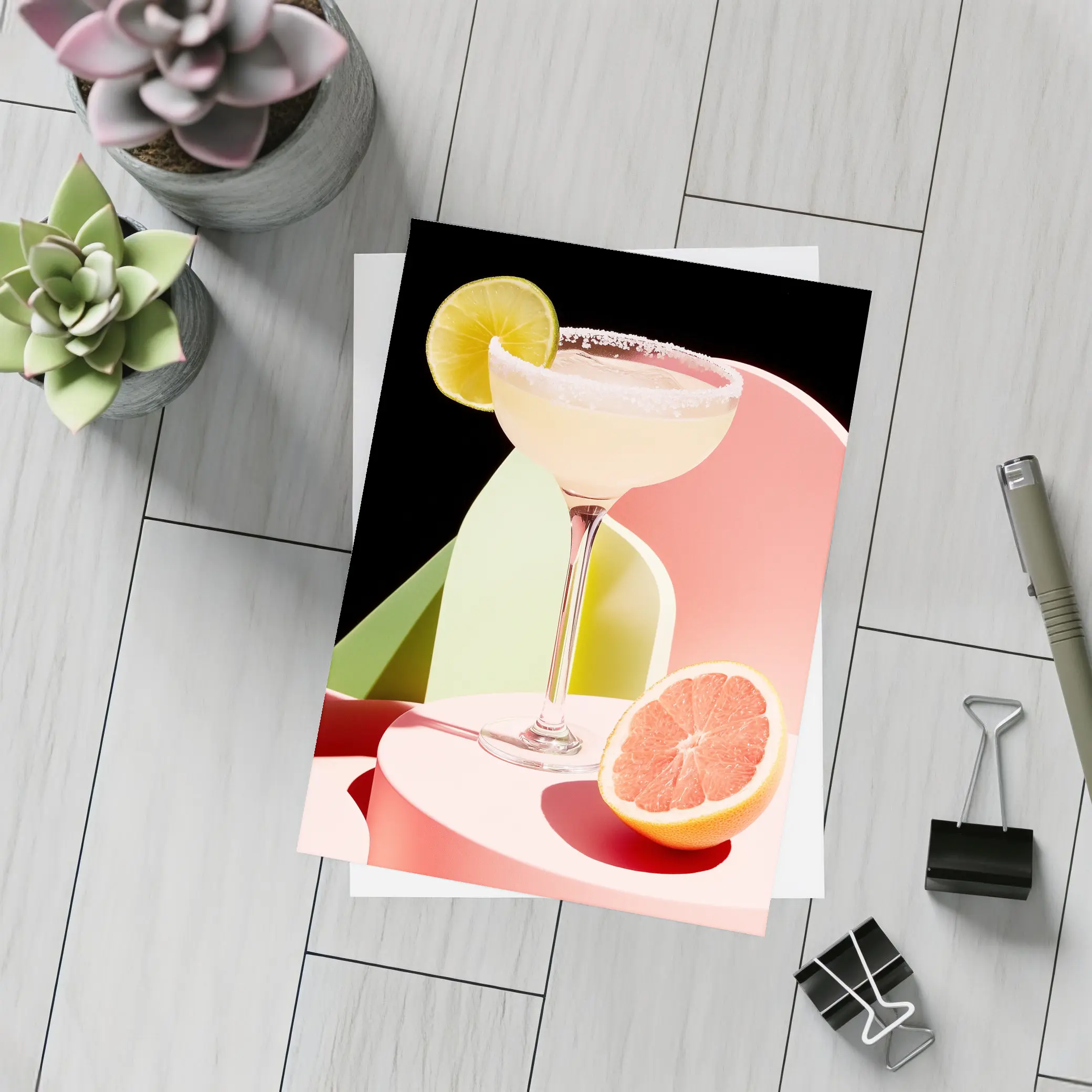 Margarita Cocktail Glass Grapefruit Geometric Background – Postcards
