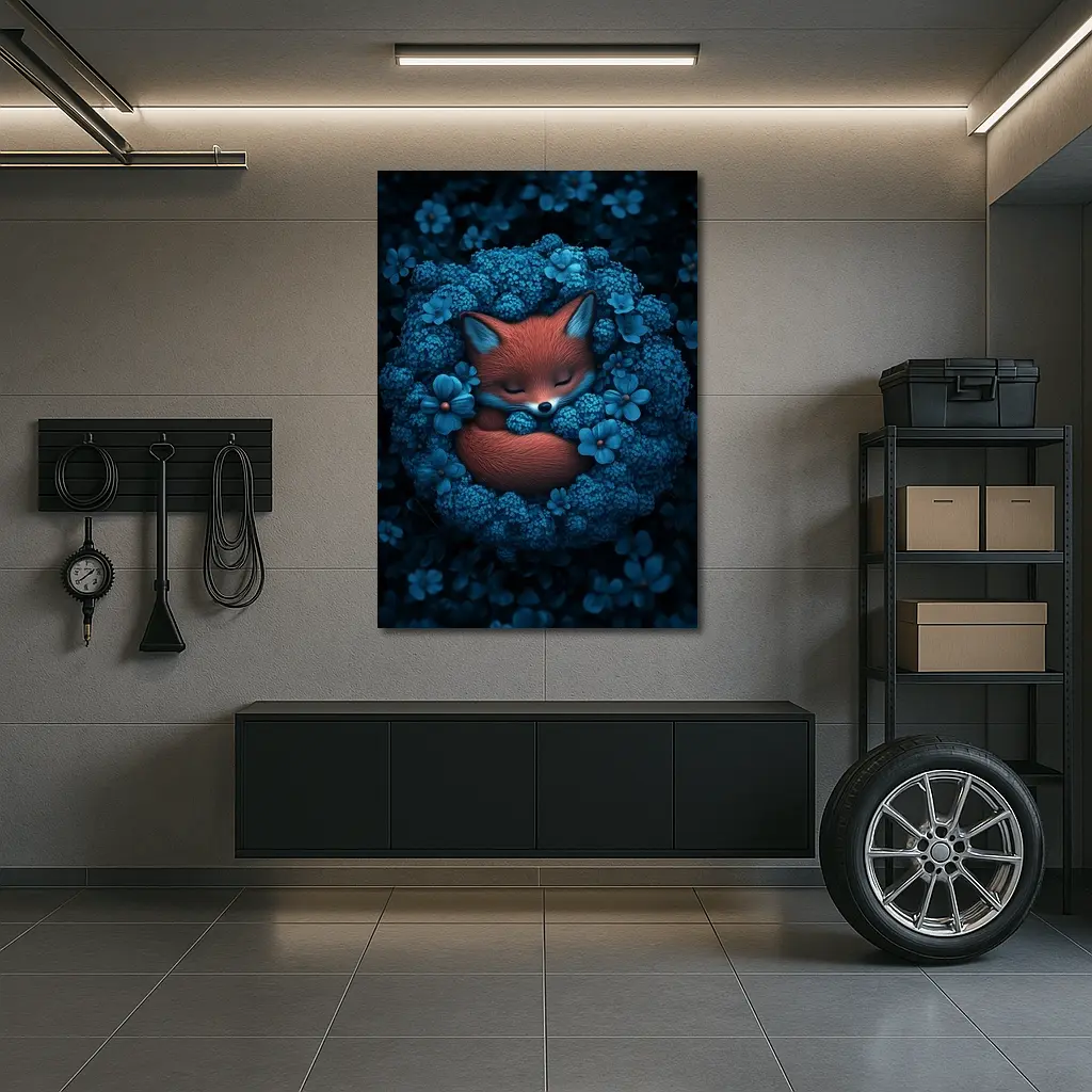 Sleeping Fox Curled In Blue Flowers – Wall Art