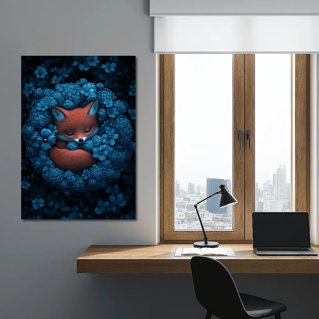 Sleeping Fox Curled In Blue Flowers – Wall Art