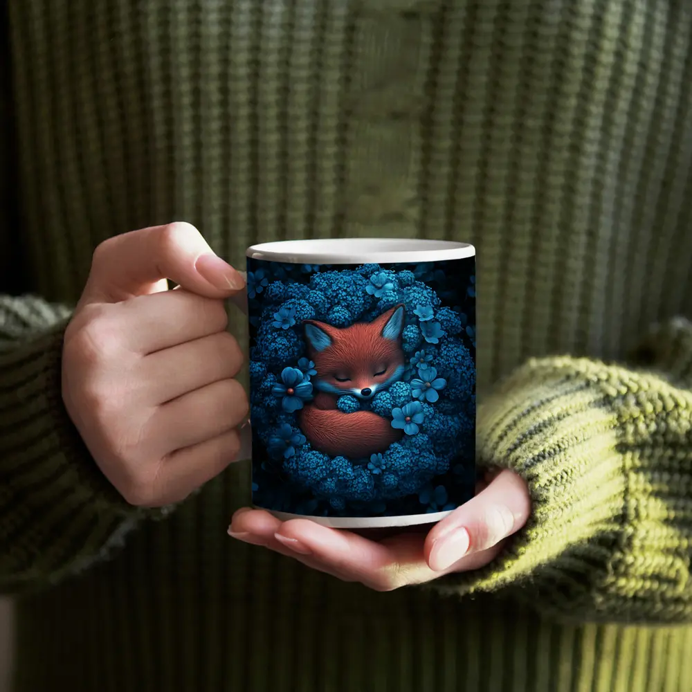 Sleeping Fox Curled In Blue Flowers – Mugs