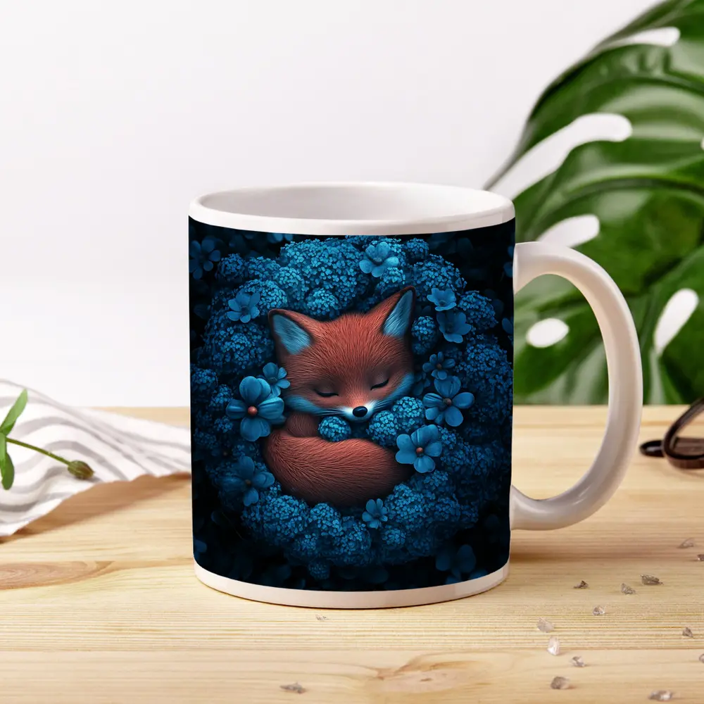 Sleeping Fox Curled In Blue Flowers – Mugs