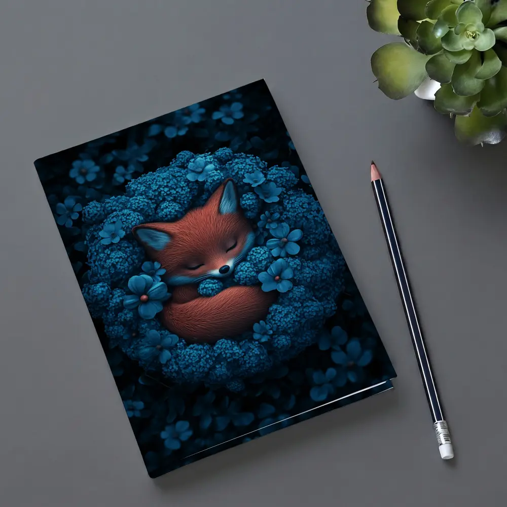 Sleeping Fox Curled In Blue Flowers – Notebooks