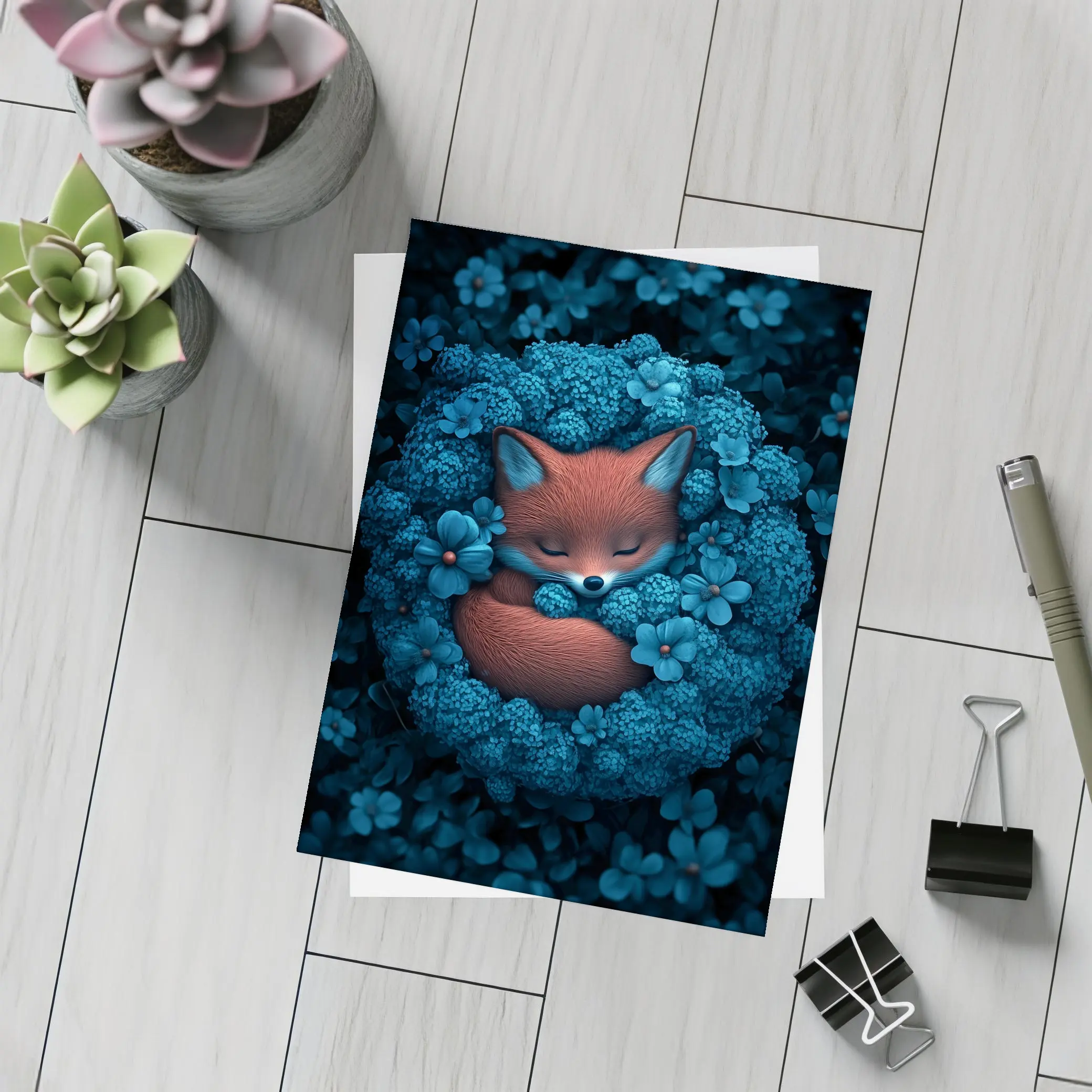Sleeping Fox Curled In Blue Flowers – Postcards