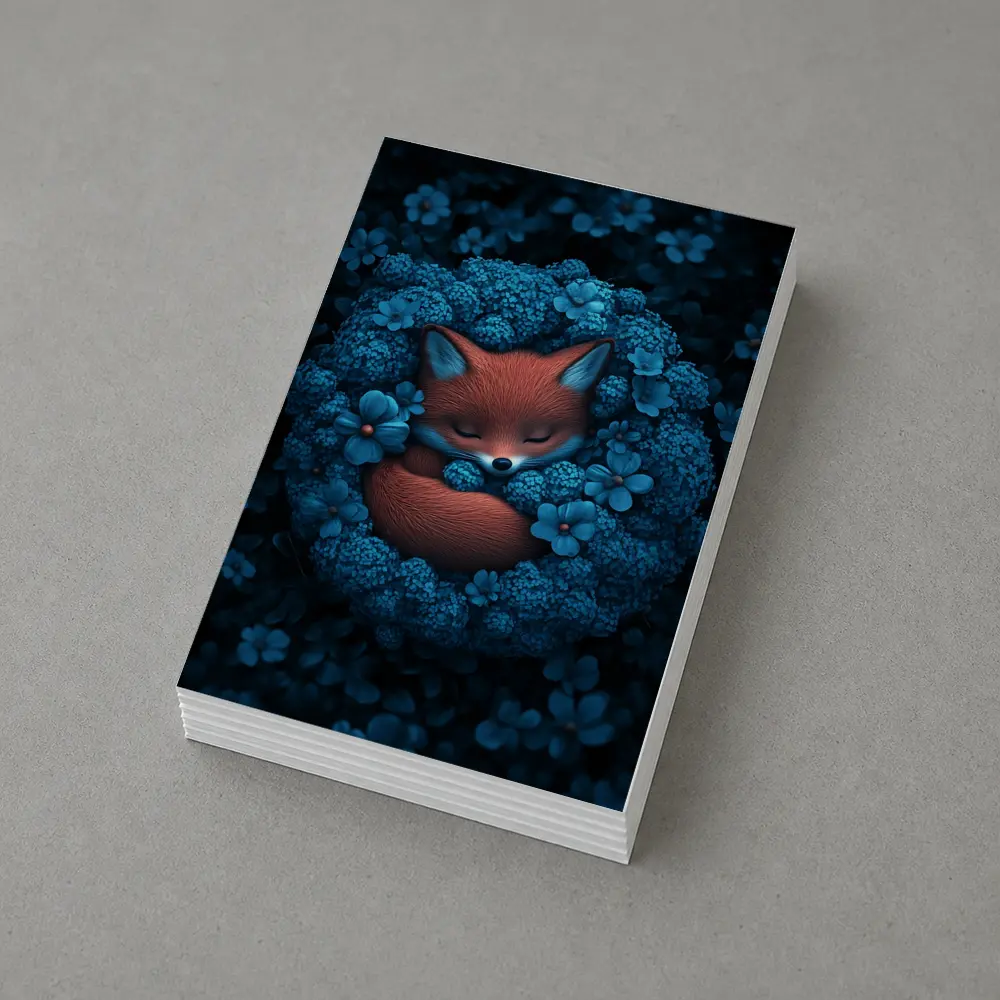 Sleeping Fox Curled In Blue Flowers – Postcards