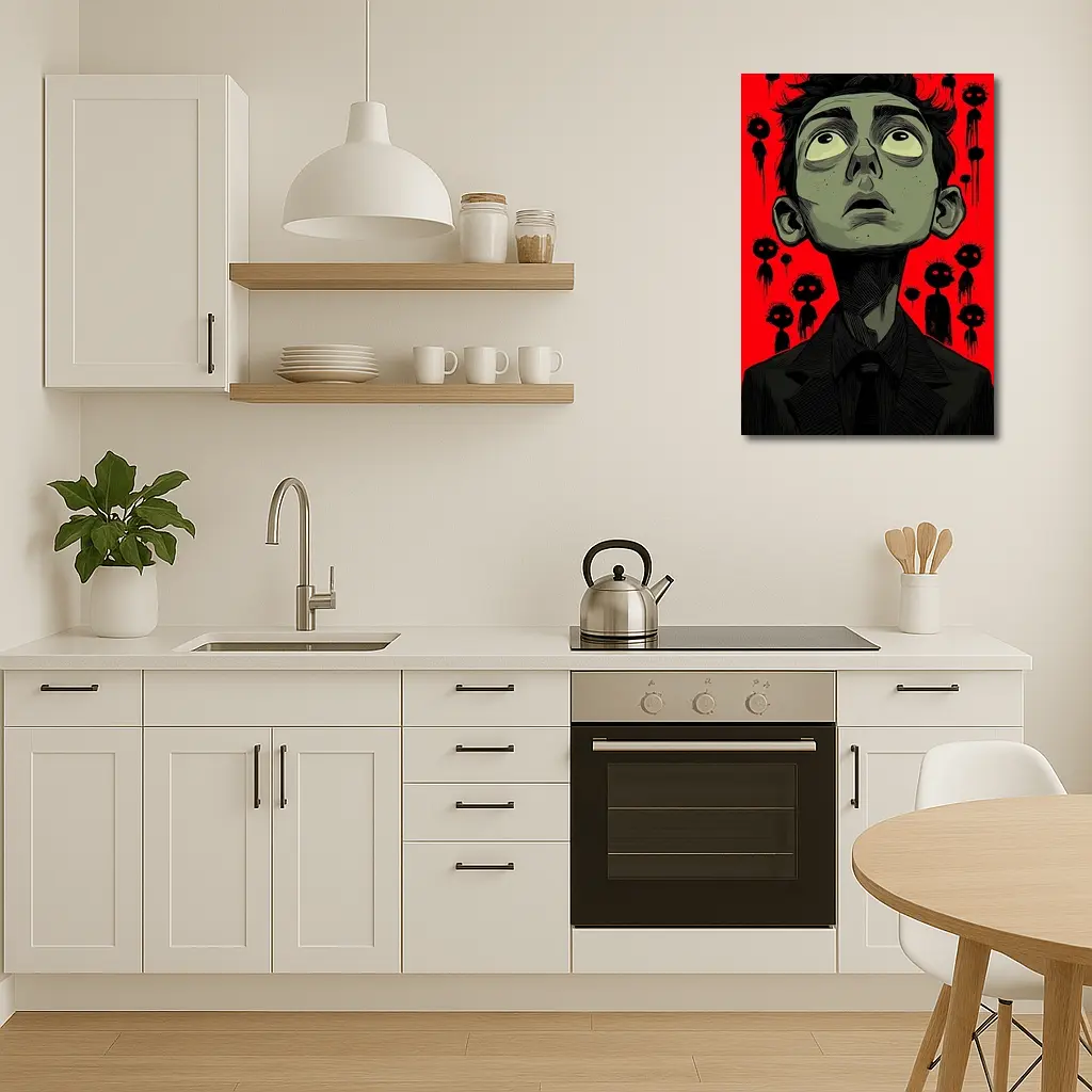Anxious Man Surrounded By Dark Creatures Red – Wall Art