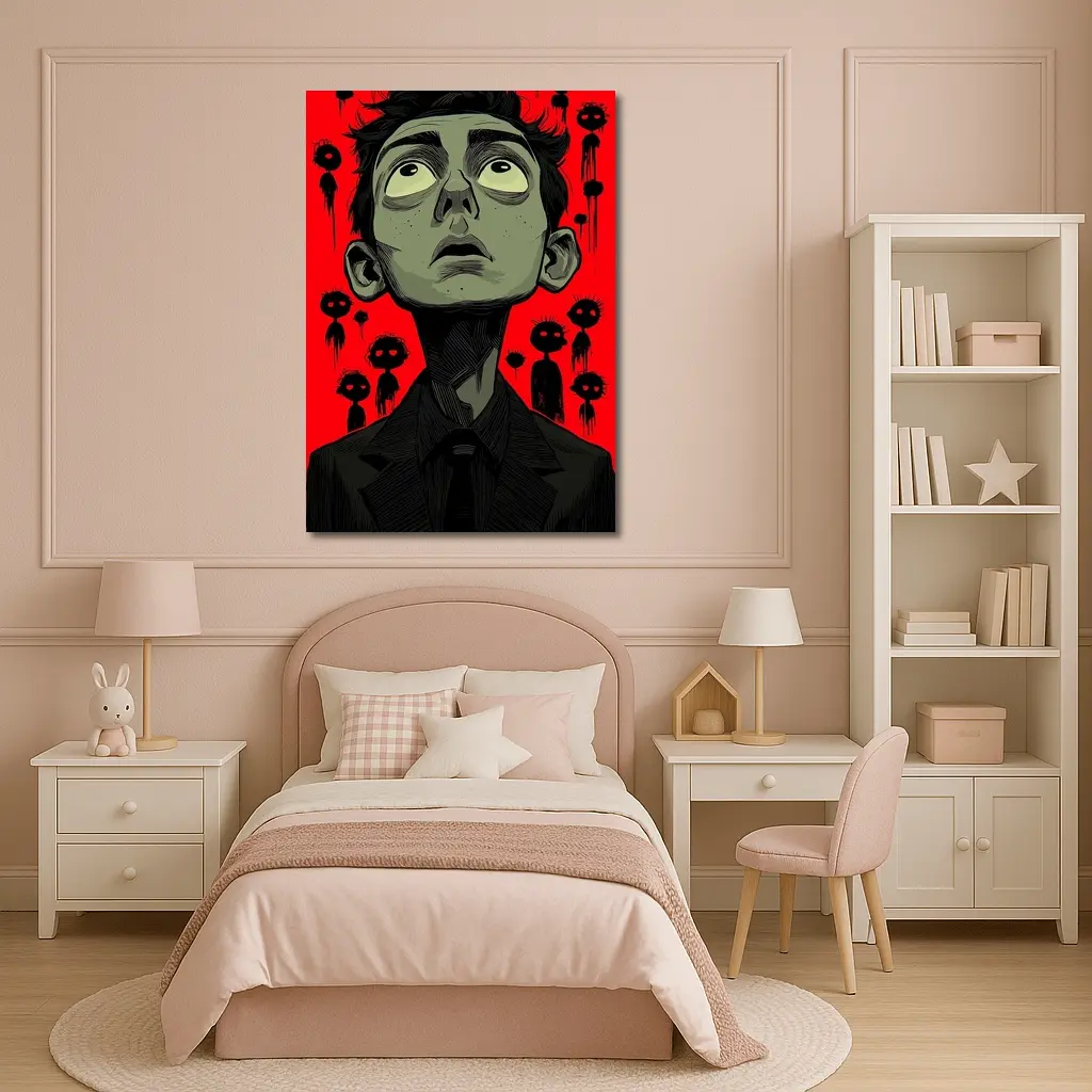 Anxious Man Surrounded By Dark Creatures Red – Wall Art