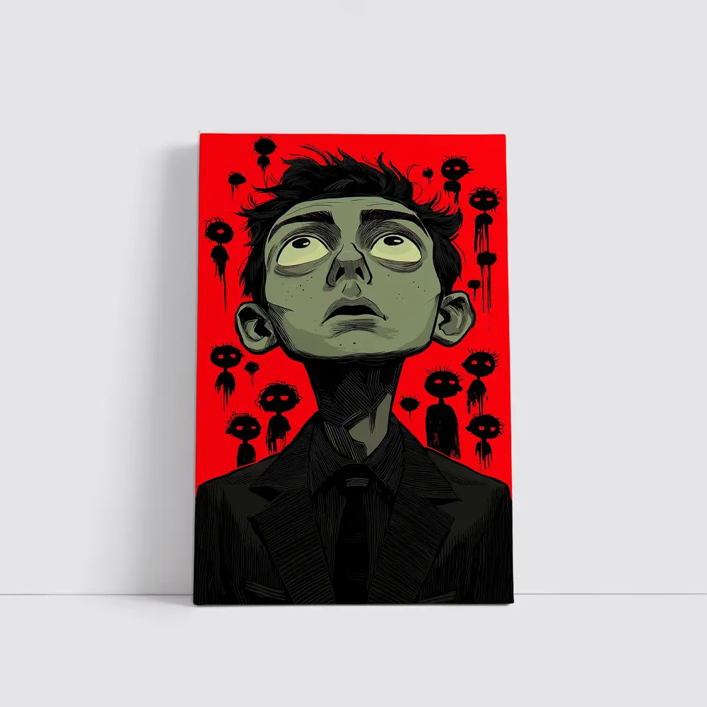 Anxious Man Surrounded By Dark Creatures Red – Wall Art